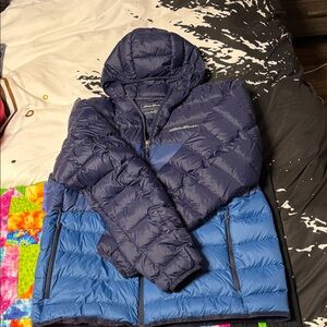Eddie Bauer Two-Tone Packable Down Jacket in Navy and Royal Blue